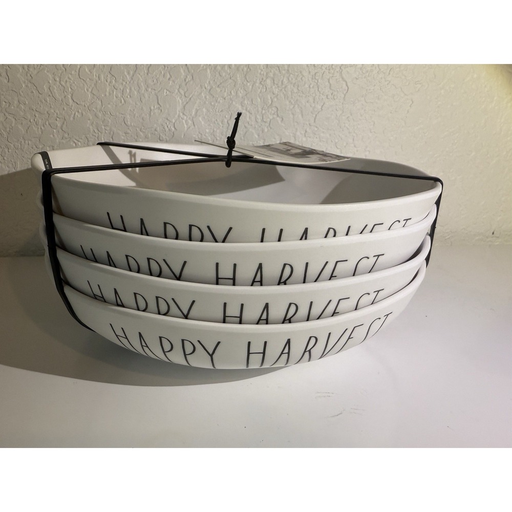 Rae Dunn Set of 4 White w/Black "Happy Harvest" Melamine‎ Dinner Bowls 9"